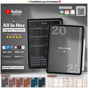 以下が含まれることがあります： グレーと白のカラーリングのデジタルプランナー。年間計画、月間プラン、ビジョンボード、習慣トラッカーなどがあります。2025年と2026年のダウンロードが可能です。無料のカバーとステッカーも付属しています。