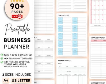 May include: A printable business planner with 90+ pages, 2024 + 2025 & undated, 100+ planning templates, 150+ finance, lifestyle, fitness, wellness & productivity pages. Two sizes included: A4 and US Letter. Designed by an ADHD professional.