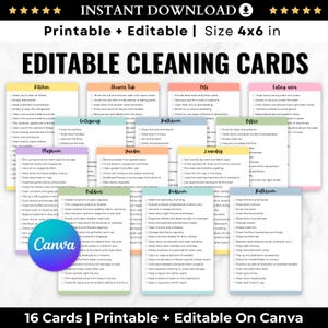 Editable Adhd cleaning checklist by room, printable cleaning cards, zone cleaning, adult & kids cleaning list, canva template, Kids Chore