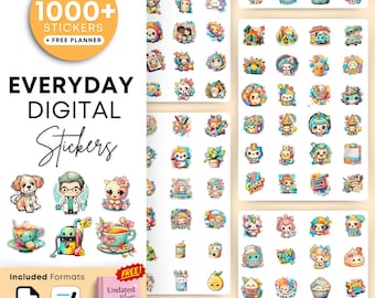 1000種類以上の日常生活用デジタルステッカー、デイリープランナーステッカー、iPadステッカー、Goodnotesステッカー、OneNoteステッカー、デジタルプランナーステッカー