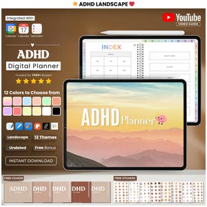 May include: A digital planner app designed for people with ADHD, showcasing a landscape background with a pink brain character. The app offers 12 colour choices, 12 themes, and free bonus content. It is available for instant download and includes free covers and stickers.