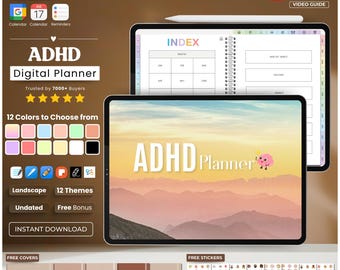May include: A digital planner app for people with ADHD, featuring a landscape background with a pink brain character. The app has 12 colors to choose from, 12 themes, and free bonus content. It is available for instant download and includes free covers and stickers.