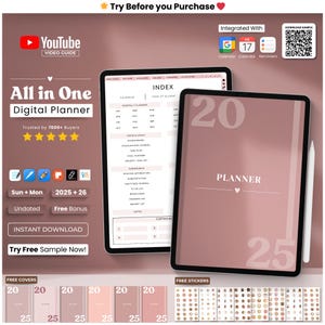 Peut inclure: Un planificateur numérique affiché sur deux tablettes. L'une affiche un index, l'autre affiche "Planner" avec les chiffres "20" et "25". L'image comprend des icônes, du texte et les mots "All in One Digital Planner".