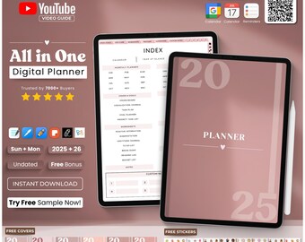 Op de afbeelding: Een digitale planner weergegeven op twee tablets. Eén tablet toont een index, de andere toont "Planner" met de nummers "20" en "25". De afbeelding bevat pictogrammen, tekst en de woorden "All in One Digital Planner".