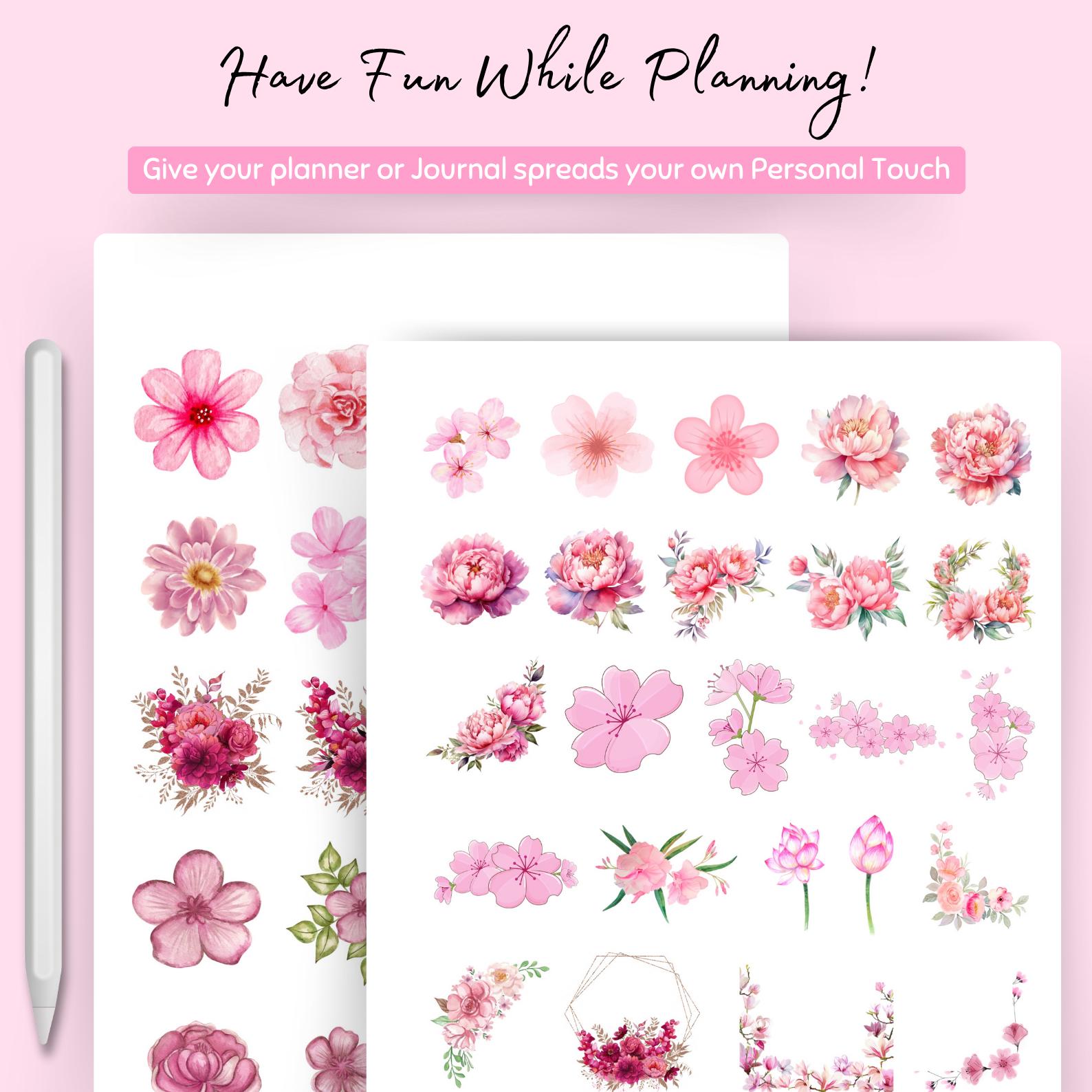 100+ Pink Flower Digital Stickers for Goodnotes & PNG | Aesthetic ...