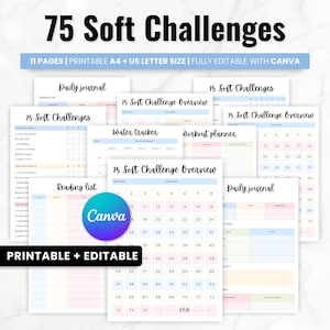 May include: A collection of printable planner pages with the title "75 Soft Challenges." The pages include a daily journal, reading list, water tracker, and workout planner. The design is colorful with pastel hues and the text "Printable + Editable."