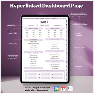Op de afbeelding: Een digitale dashboardpagina met een paarse achtergrond en een wit indexgedeelte. De index bevat secties voor jaarlijkse doelen, maandelijkse planner, maandelijkse beoordeling, visie en doelen, gezondheid en fitness, trackers en financi&euml;n. De pagina bevat ook links naar Google en Apple Calendar + Reminders.