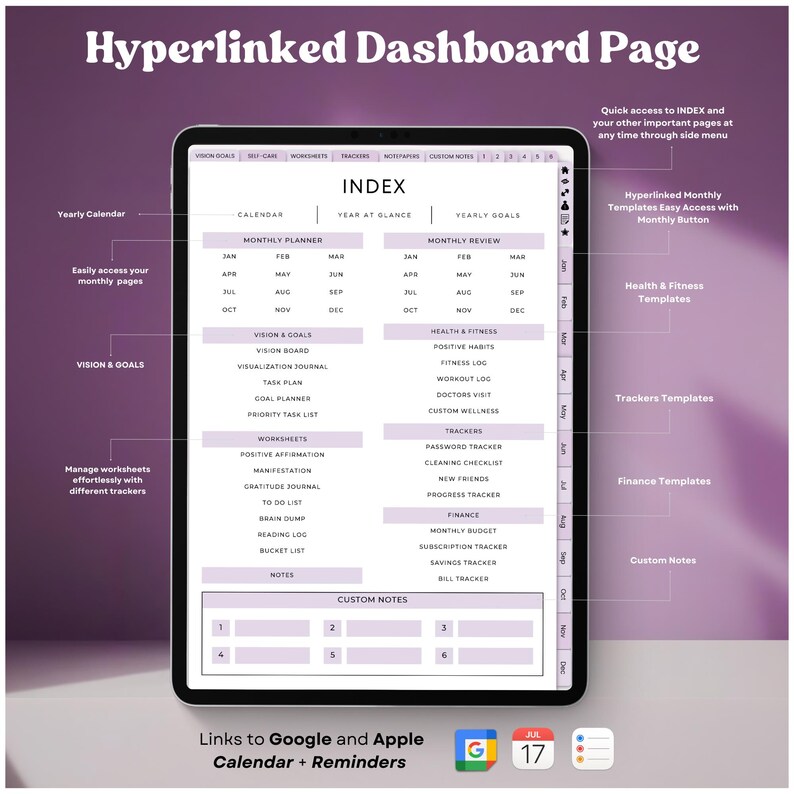 Op de afbeelding: Een digitale dashboardpagina met een paarse achtergrond en een wit indexgedeelte. De index bevat secties voor jaarlijkse doelen, maandelijkse planner, maandelijkse beoordeling, visie en doelen, gezondheid en fitness, trackers en financi&euml;n. De pagina bevat ook links naar Google en Apple Calendar + Reminders.