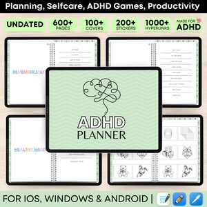 May include: A digital planner app for iOS, Windows, and Android devices. The app is designed to help people with ADHD manage their time, tasks, and goals. The app features over 600 pages, 100 covers, 200 stickers, and 1000 hyperlinks. The app is made for people with ADHD and includes games and self-care activities.