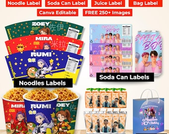 Kpop Demon Hunters Party Printable Set: Demon Hunters Birthday Bundle, Paper Bag Label, Ramen Label, Ramyeon Label, Soda Pop Label