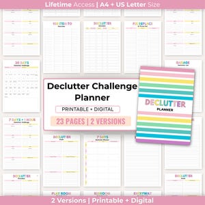 Op de afbeelding: Een declutter challenge planner met een kleurrijke gestreepte omslag en diverse pagina's. De planner bevat secties voor 30-daagse en 7-daagse uitdagingen, checklists en schema's. De tekst op de omslag luidt "Declutter Planner".