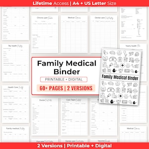 May include: A black and white printable family medical binder with 60+ pages and 2 versions. The binder includes sections for medical history, doctor visits, care team, medical expenses, dental care, eye care, vaccine records, and yearly health plans. The cover features a variety of medical icons.