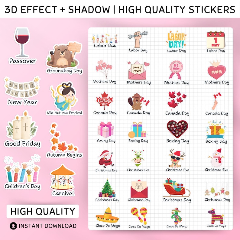 May include: A set of 24 colorful digital stickers featuring various holidays and events. The stickers are designed with a 3D effect and shadow. The holidays include Passover, Groundhog Day, New Year, Mid Autumn Festival, Good Friday, Autumn Begins, Children's Day, Carnival, Labor Day, Mother's Day, Canada Day, Boxing Day, Christmas Eve, Christmas Day, Cinco De Mayo.