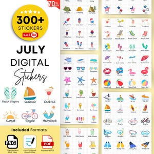 July 2024 Digital Stickers For Goodnotes, July Goodnotes Monthly Stickers, Pre Cropped July Stickers, July Digital Planner Stickers 4th july