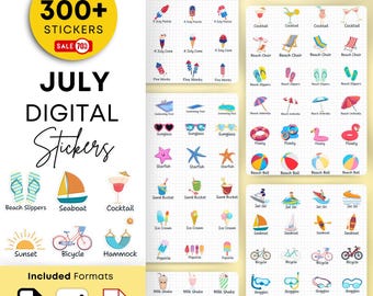 Julio de 2024 Pegatinas digitales para Goodnotes, Pegatinas mensuales de Goodnotes de julio, Pegatinas de julio prerecortadas, Pegatinas del planificador digital de julio 4 de julio