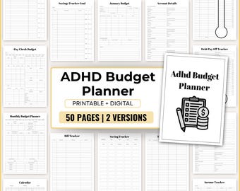 ADHD-budgetplanerare | Utskrivbar och digital pengaorganisatör | 50-sidig finansrapportering | Skuld, sparande, räkningar, utgiftslogg | A4, US Letter