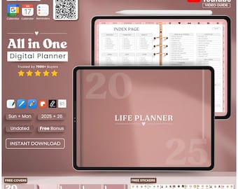 Op de afbeelding: Een digitale planner met een roze en gouden ontwerp. De planner bevat een kalender, een indexpagina en secties voor levensplanning. De planner is direct te downloaden en bevat gratis covers en stickers.