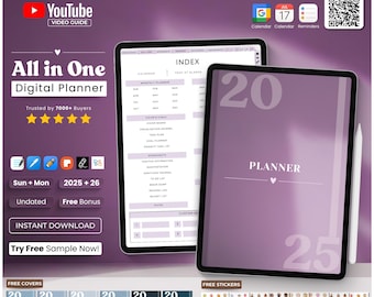 Op de afbeelding: Een digitale planner met een paarse cover en de tekst "2025 Planner" erop. De planner is open op een pagina met een kalender en een index. De afbeelding toont ook een YouTube-videogids, gratis covers en gratis stickers.