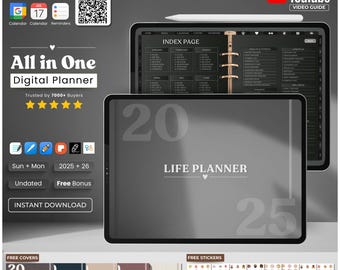 Dark Mode All-in-One Digital Planner 2024, 2025, 2026, Undated Digital Planner, Digital Journal, Digital Goodnotes Template, Daily Planner