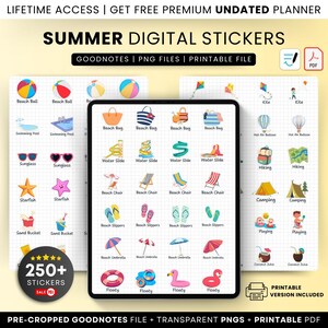 Summer Goodnotes Stickers, Summer digital planner stickers, Digital Sticker Book with pre-cropped stickers and PNG files, summer quotes png