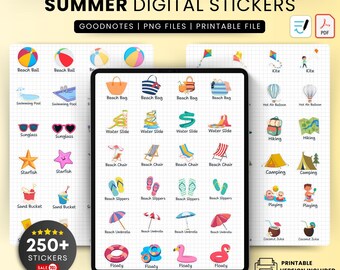 Summer Goodnotes Stickers, Summer digital planner stickers, Digital Sticker Book with pre-cropped stickers and PNG files, summer quotes png