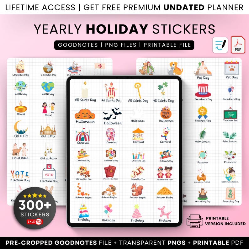 May include: A digital planner with a grid background and colorful stickers for holidays throughout the year. The stickers are pre-cropped for Goodnotes and include a printable PDF version. The text "300+ Stickers" is displayed in a starburst shape with a sale tag.