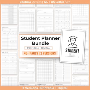 Puede incluir: Un paquete de planificador de estudiantes con versiones imprimibles y digitales. La imagen muestra varias páginas del planificador, incluidos diseños de sesiones de estudio, ensayos y material del curso. El paquete incluye más de 45 páginas.