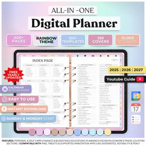 Alles-in-één digitale planner 2025 2026 2027, digitale planner, digitaal dagboek, sjabloon digitale Goodnotes, wekelijkse, dagelijkse planner, maandplan