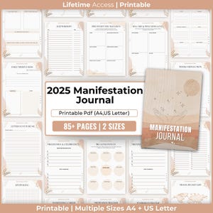 May include: A printable 2025 Manifestation Journal with 85+ pages in two sizes, A4 and US Letter. The journal cover features a minimalist design with hands reaching towards a sun and stars. Includes pages for goals, reflection, and mindfulness.
