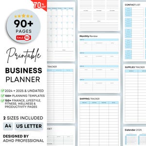 May include: A printable business planner with 90+ pages, including 2024 and 2025 calendars, monthly reviews, contact lists, and more. The planner is designed by an ADHD professional and includes 100+ planning templates, 150+ finance, lifestyle, fitness, wellness, and productivity pages. The planner is available in two sizes: A4 and US Letter.