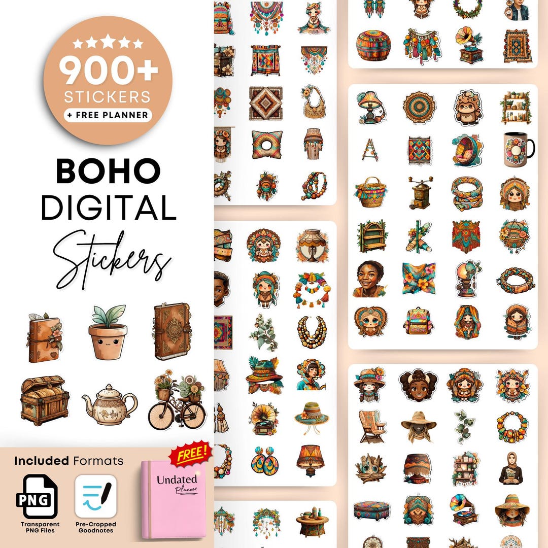Boho Digital Stickers Bundle | 900+ Aesthetic PNG & Goodnotes Stickers ...