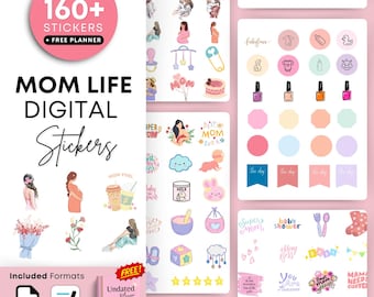 Mom Life Digitale Aufkleber | 160+ PNG & Goodnotes | Kostenloser Digitaler Planer + Video Guide