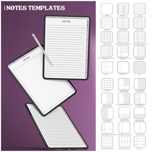 Op de afbeelding: Een set digitale notitie sjablonen voor iPad, met verschillende raster- en lijnstijlen. De sjablonen omvatten lege, breed gelijnde, Cornell, gestippelde en half lege opties. De sjablonen worden weergegeven op een paarse achtergrond.