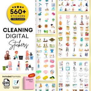 Cleaning Digital Stickers for Goodnotes | 560+ Cute Home Chore Stickers PNG | Digital Planner Cleaning Stickers