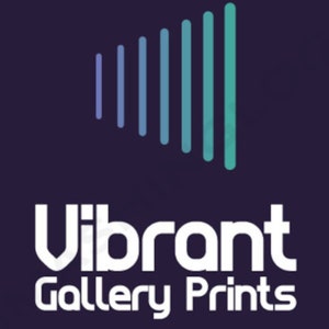 May include: Vibrant Gallery Prints logo featuring a stylised graphic of a series of vertical lines in shades of blue and green, arranged in a diagonal pattern, forming a shape that resembles a speaker.