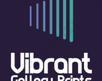May include: Vibrant Gallery Prints logo with a stylized graphic of a series of vertical lines in shades of blue and green, arranged in a diagonal pattern, forming a shape that resembles a speaker.