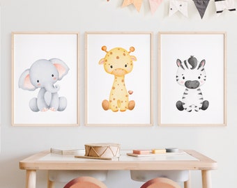Safari Nursery Decor, Safari Nursery Prints, Nursery Wall Art, Set Of 3 Safari Baby Animal Prints, Original Art, Kids Room Decor