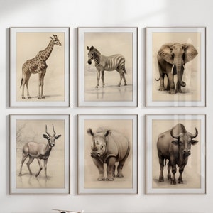 Homely Set of 6 | Impala Rhino Giraffe Elephant Buffalo Zebra Downloadable Warm Neutral Safari Print Set