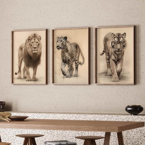 Big Cat 3 Piece Tiger Lion Leopard Digital Art Wild Animal Decor Printable Big Cat Artwork Gift Warm Neutral Wallart Poster Print