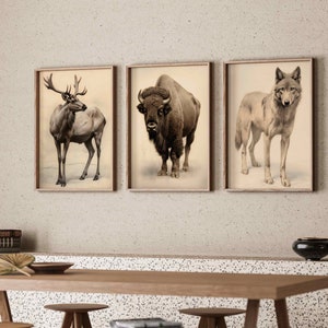 Scandinavian 3 Piece Poster Wolf Bison Reindeer Print Digital Wallart Gift Scandinavian Animal Boho Neutral Instant Art Wall Decoration