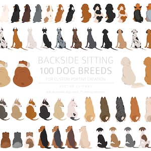 100 razze di cani seduti sul retro per la creazione di ritratti personalizzati. PNG di alta qualità, Regalo Cane Mamma Papà, Scarica Memoriale, Creazione digitale