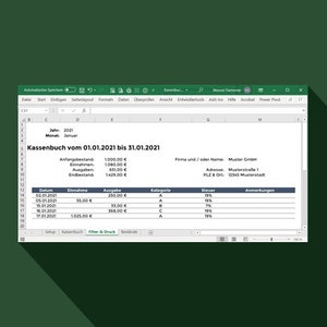 Könnte beinhalten: Eine Tabellenkalkulation mit dem Titel "Kassenbuch vom 01.01.2021 bis 31.01.2021" und Spalten mit den Bezeichnungen "Datum", "Einnahme", "Ausgabe", "Kategorie", "Steuer" und "Anmerkungen".