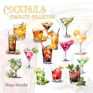 Oltre 65 illustrazioni ad acquerello di bevande alcoliche, collezione di clipart di cocktail trasparenti/vibranti/pacchetto di arte digitale