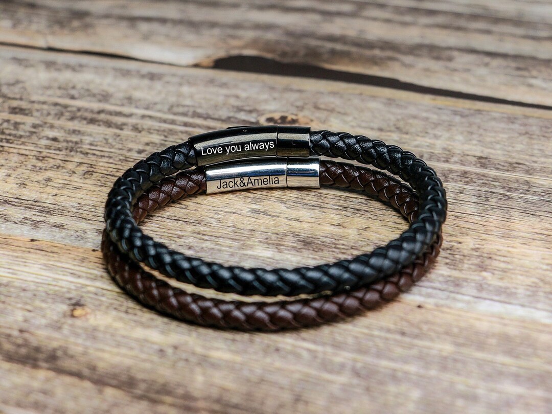 Men's Personalised Leather Bracelet With Matt Black Clasp Engraved