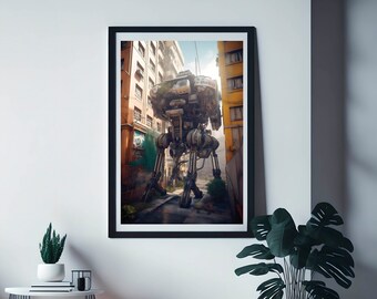 futuristic landscape with a robot, cyberpunk style, digital download