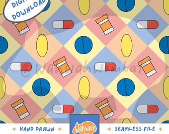 Könnte beinhalten: Nahtloses digitales Download-Muster mit Cartoon-Pillen, Kapseln und Medikamentenflaschen. Das Design umfasst blaue, gelbe, rote und orangefarbene Elemente, die auf einem farbenfrohen, karierten Hintergrund angeordnet sind. Der Text "DIGITALER DOWNLOAD" befindet sich in einem weißen Oval.