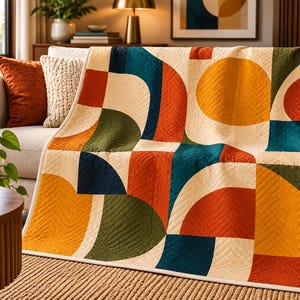 Op de afbeelding: Een quilt met een geometrisch patroon van halve cirkels en vierkanten in tinten mosterdgeel, gebrand oranje, diep petrol en olijfgroen op een crèmekleurige achtergrond, met zichtbare chevron-stiksels over het gehele oppervlak.