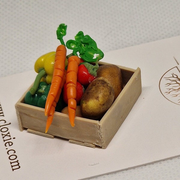 Miniature Doll House Food Veggie Basket - 1:12 scale - Carrots, Onions, Peppers, Tomatoes, Potatoes - Includes the crate.