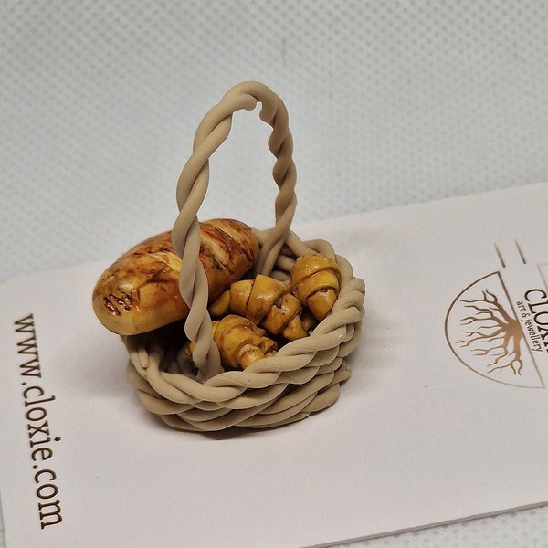 Miniature Doll House Food Bread and Croissant French Bakery Basket - 1:12 scale - French Loaf Baguette, 6 Croissants - Includes the Basket.