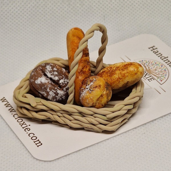 Miniature Doll House Food Bread Basket - 1:12 scale - French Loaf Baguette, Farmhouse Cobb, Sourdough, Crusty Loaf - Includes the Basket.